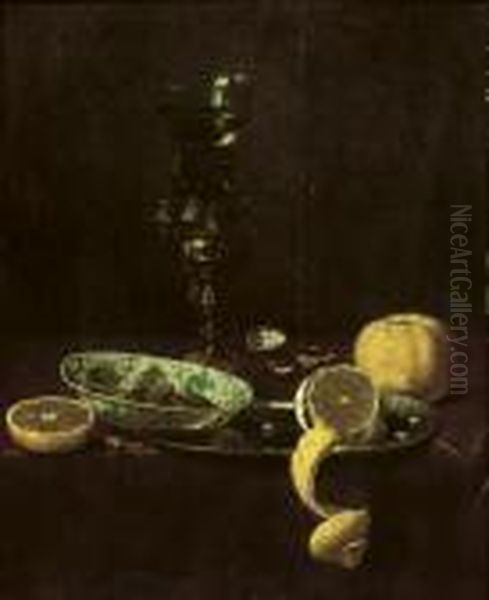A 'kraak' Porcelain Bowl Resting On A Pewter Plate With A Peeled Lemon, An Orange And Nuts Near A 'roemer' On A Gilt Stand - view 1