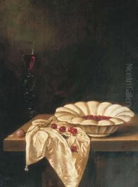 Wild Strawberries In A Glazed Earthenware Bowl With A Facon Devenise Of Red Wine, A Pink Rose And Cherries On A Partially Drapedwooden Ledge - view 1