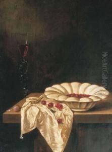 Wild Strawberries In A Glazed Earthenware Bowl With A Facon Devenise Of Red Wine, A Pink Rose And Cherries On A Partially Drapedwooden Ledge Wild Strawberries In A Glazed Earthenware Bowl With A Facon Devenise Of Red Wine, A Pink Rose And Cherries On A Partially Drapedwooden Ledge