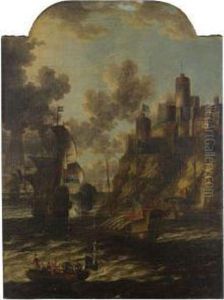 Boats Passing A Fortified Town by Willem van de, the Elder Velde