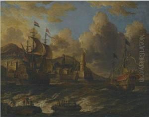 Dutch Ships At Sea Off The Coast Of A Fortified Town by Willem van de, the Elder Velde