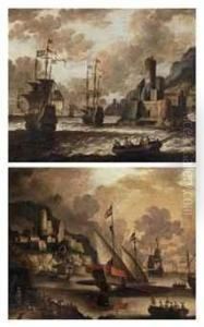 Dutch And English Man O'war Off The Coast Near A Fortified Town;and Galley's And Other Ships At Anchor In A Natural Harbor Near Afortified Town by Willem van de, the Elder Velde