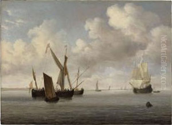 A Galjoot And A Smalschip At Anchor Approached By A Small Kaag - view 1