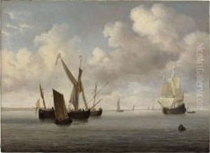 A Galjoot And A Smalschip At Anchor Approached By A Small Kaag by Willem van de, the Elder Velde