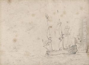 A Man O' War At Sea In A Fresh Breeze by Willem van de, the Elder Velde
