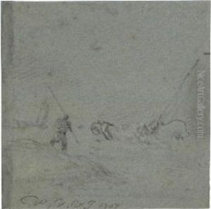 A Fisherman On A Shore With A Tempestuous Sea Beyond