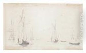 Men O' War And States Yachts On Calm by Willem van de, the Elder Velde