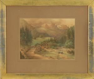 Alpine Landscape With Figures And House Under Construction.