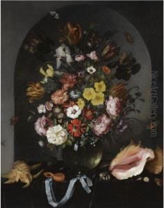 Still Life Of Roses, Tulips, Irises And Other Flowers In A Glass Vase, With Butterflies, Sea Shells And A Pocket Watch, All Arranged In A Stone Niche