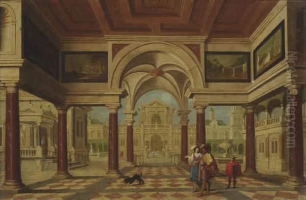 An Architectural Capriccio With An Elegant Couple Before A Courtyard - view 1