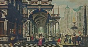 A Palace Arcade With Numerous Elegant Figures Conversing Andplaying Games