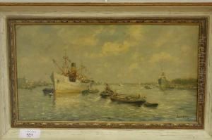 Zicht Op Rotterdamse Haven Met Oceaanstomer En Sleepboot by J. Van Delden