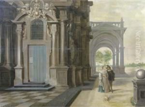 A Fantastical Palace With An Elegant Couple Walking In Front Of Aportico by Dirck Van Delen