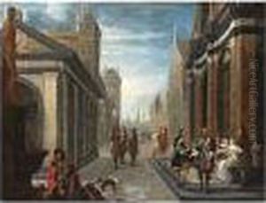 An Architectural Capriccio Of A City With Elegant People Conversing On The Street
