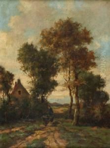 Boerenhofje Met Zandweg, Waarop Een Boer Met Kruiwagen