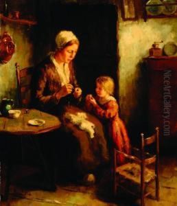 Interior With Mother Andchild by Adolf-Julius Berg