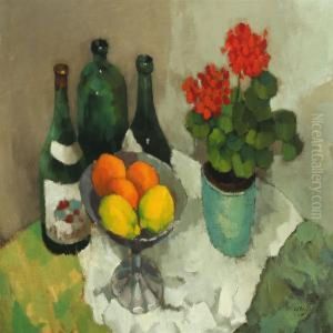 Still Life With Flower, Fruit And Bottles by Ans Van Den Berg