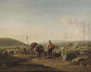 A Farmer With Cows, Sheep And A Mule On A Country Road