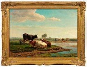 Ruhende Kuhe In Wasserreicher Wiesenlandschaft by Simon Van Den Berg