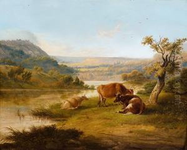 Flusslandschaft Mit Ruhenden Kuhen Am Ufer - view 1
