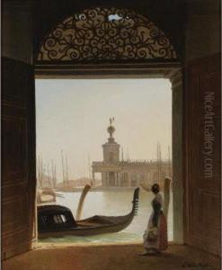 Venice, A View Of The Dogana Seen Through A Large Doorway by Charles Auguste van den Berghe