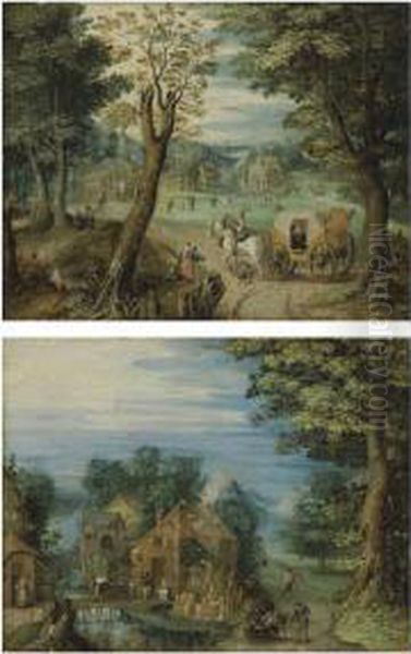 Travelers At A Crossroads With A Village Beyond - view 1