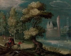 A Wooded River Landscape With A Hawking Party On A Track, A Castle Beyond by Christoffel van den Berghe