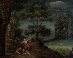 A Wooded Landscape With Pyramus And Thisbe by Christoffel van den Berghe