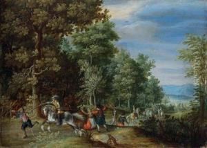 A Wooded Landscape With Travellers Ambushed On A Country Path