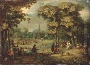 A Wooded Village Landscape With Elegant Figures by Christoffel van den Berghe