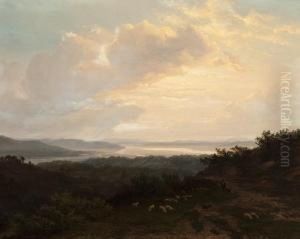 Grazing Flock Of Sheep At Dusk by Willem Jan Van Den Berghe