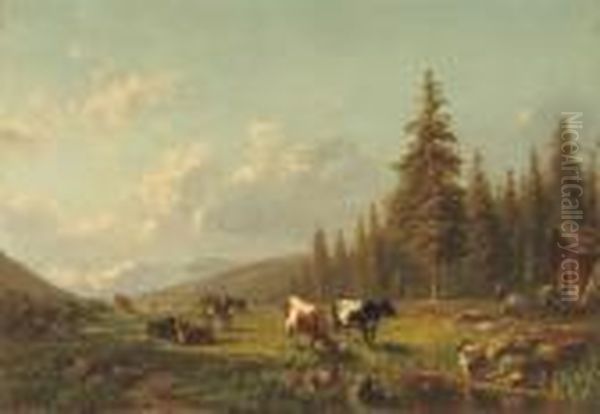 Cattle In The Mountains Near A Stream - view 1