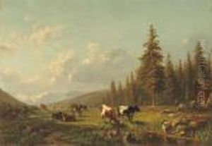 Cattle In The Mountains Near A Stream by Willem Jan Van Den Berghe