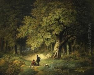 Large Summerly Forest Landscape. Two Hunters On The Trail, Below An Oak. Signed And Dated Unten Links Der Mitte: W.j. Van Den Berghe 47