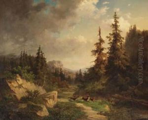 Rocky Woodland With Wolves Chasing A Stag - view 1