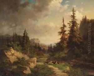 Rocky Woodland With Wolves Chasing A Stag
