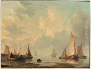 Moored Rivercraft At A Harbour Entrance; Rivercraft Off The Coast,vlissingen by Frans Jacobus Van Den Blijk
