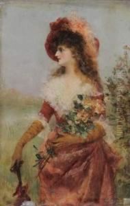 Jeune Fille Au Bouquet De Fleurs. by Georges Van den Bos