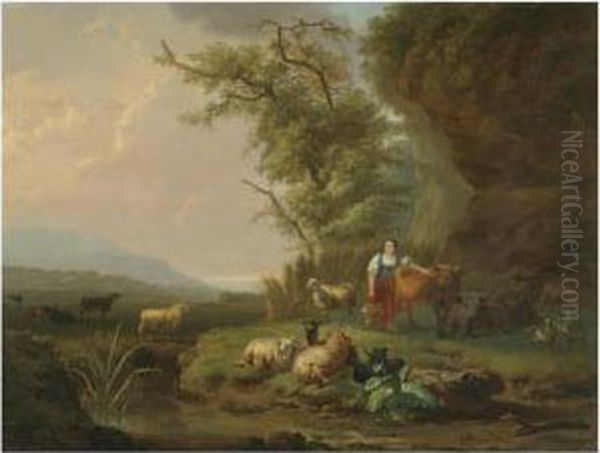 A Landscape At Sunset With A Milkmaid And Her Herd In Theforeground - view 1