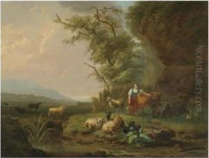 A Landscape At Sunset With A Milkmaid And Her Herd In Theforeground by Jan Hendrick Van Den Bosch