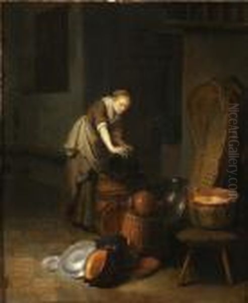 Interior With Young Woman Scouring A Pot - view 1