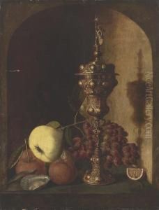 Grapes, A Pear, An Apple, A Lemon, Oysters And A Silver-gilt Cup Ina Stone Niche by Pieter Van Den Bosch