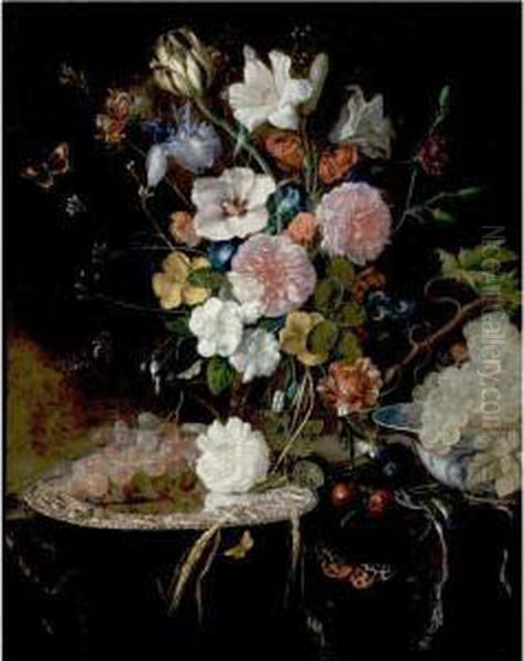 Still Life Of Roses, Lilies, Tulips, An Iris And Other Flowers Resting On A Table, With A Bunch Of Grapes On A Silver Platter And Another Bunch Of Grapes In A Blue And White Porcelain Bowl - view 1