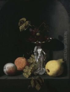 A Peach, An Orange, Grapes, A Pear, And Blue Grapes In A Silverhercules Tazza On A Stone Ledge In A Niche by Pieter Van Den Bosch