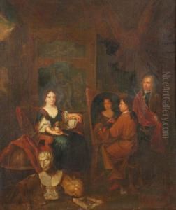 Interior Of An Artist's Studio With Alady Sitting For A Portrait by Balthazar Van Den Bossche