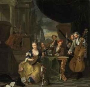 Musicians On A Terrace, Playing Lute, Cello And Oboe, In Aclassical Architectural Setting by Balthazar Van Den Bossche