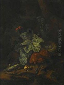 A Forest Floor Still Life With A Snake, A Snail, A Grasshopper, Aworm, A Lizard, A Bird's Nest And Toadstools