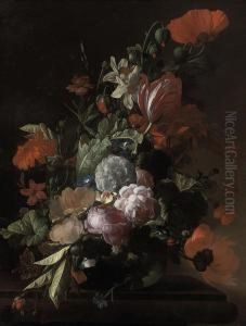 Parrot Tulips, Poppies, Roses, Morning Glory, Narcissi And Otherflowers In A Glass Vase, With Acorns And A Snail On A Stoneledge by Carl Wilhelm de Hamilton