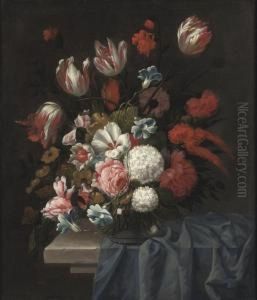 Tulips, Roses, Poppies And Other Flowers In A Glass Vase On A Stone Table by Carl Wilhelm de Hamilton