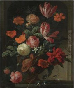 Still Life With Flowers In An Urn On A Stone Ledge by Carl Wilhelm de Hamilton